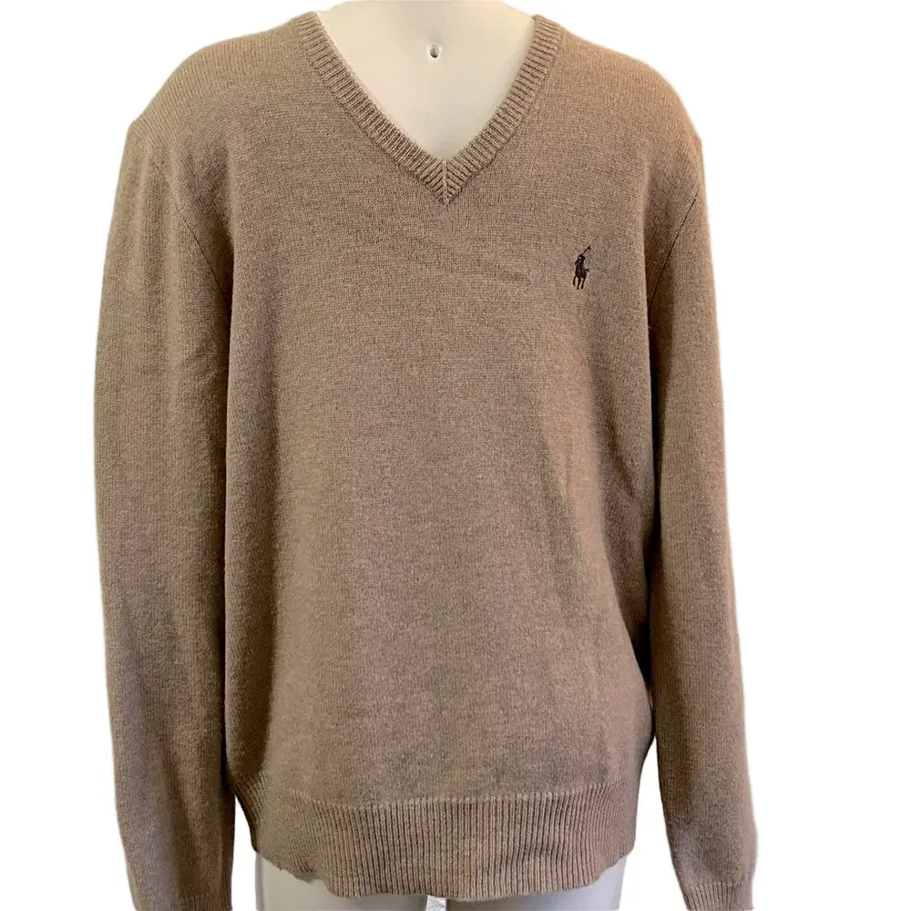 Polo by Ralph Lauren V neck 100% lambswool beige sweater LRG as is